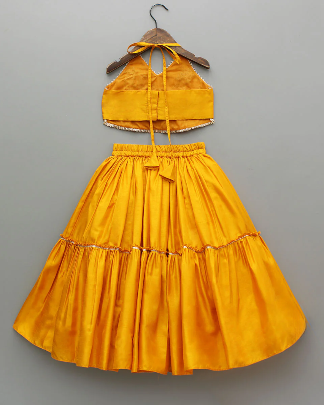 Mustard dola silk hand embroidered lehenga set for girl