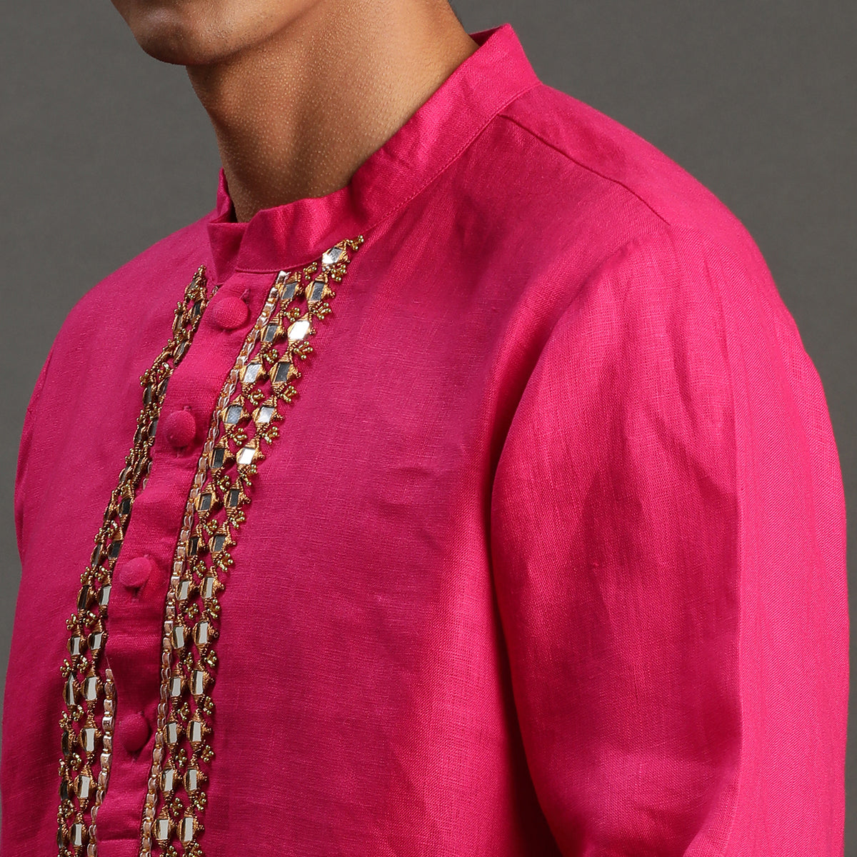 Fuchsia Pink Linen Kurta Pyjama Set for Men