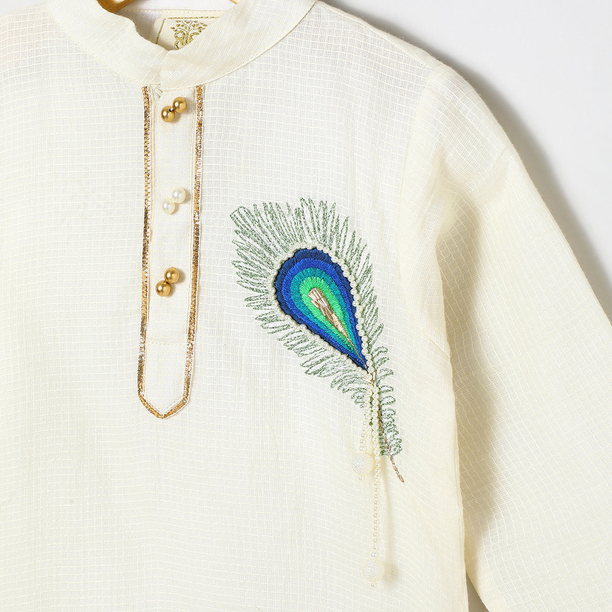 Off white doria cotton Kurta with Mayurpankh pearls embroidery Dhoti set