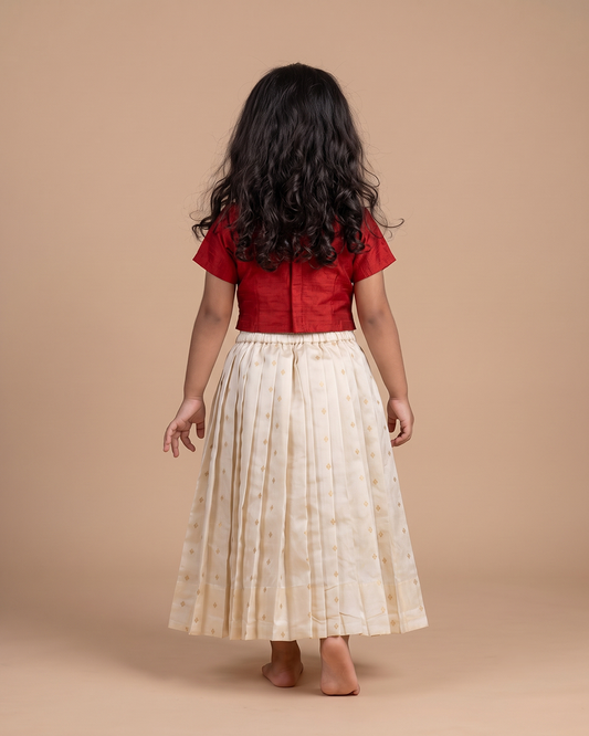 Red embroidered crop top with ivory Banarasi skirt set for girls