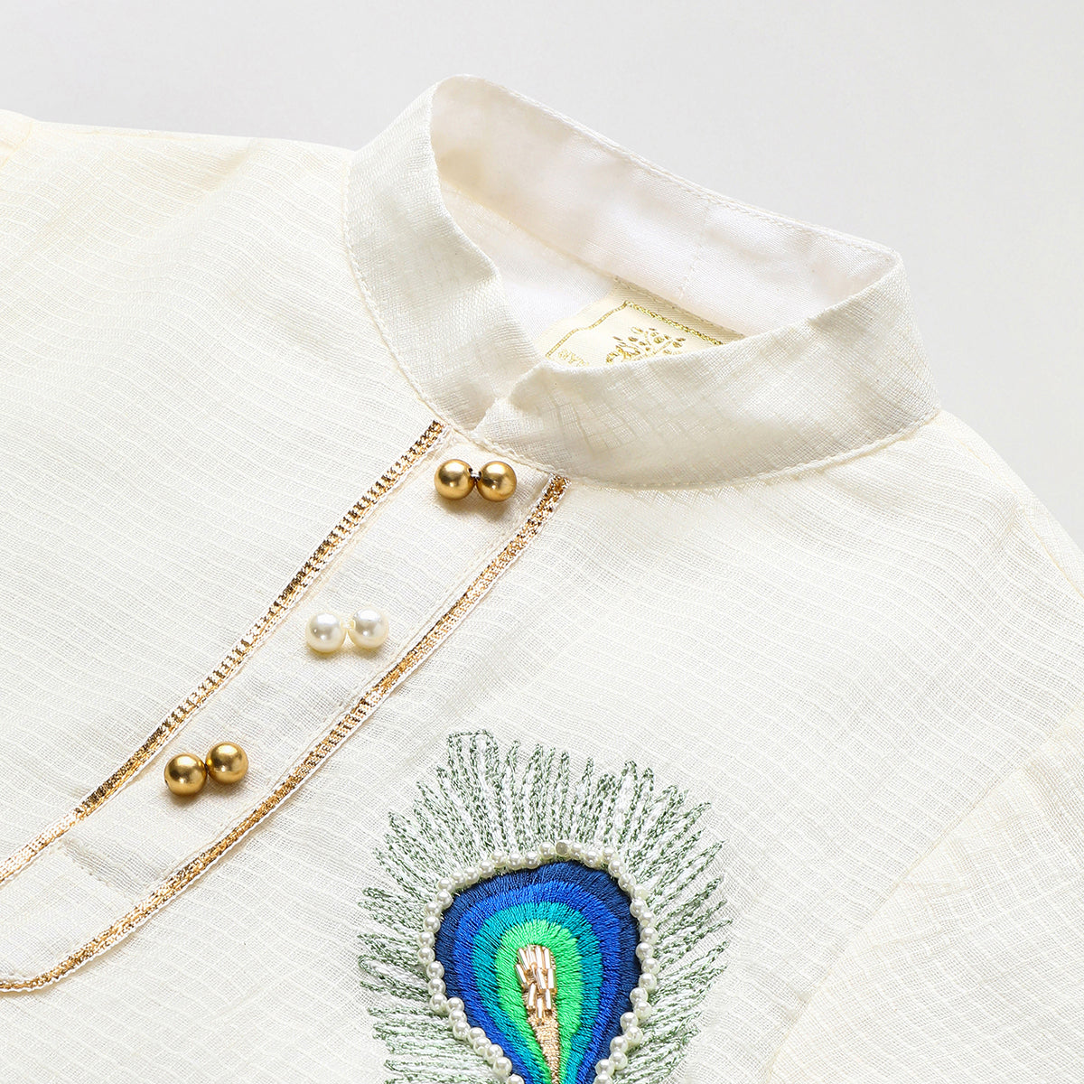 Off white doria cotton Kurta with Mayurpankh pearls embroidery Dhoti set
