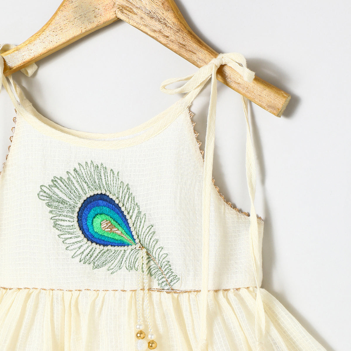Off white Pure doria cotton Mayurpankh pearls embroidery with plazo set
