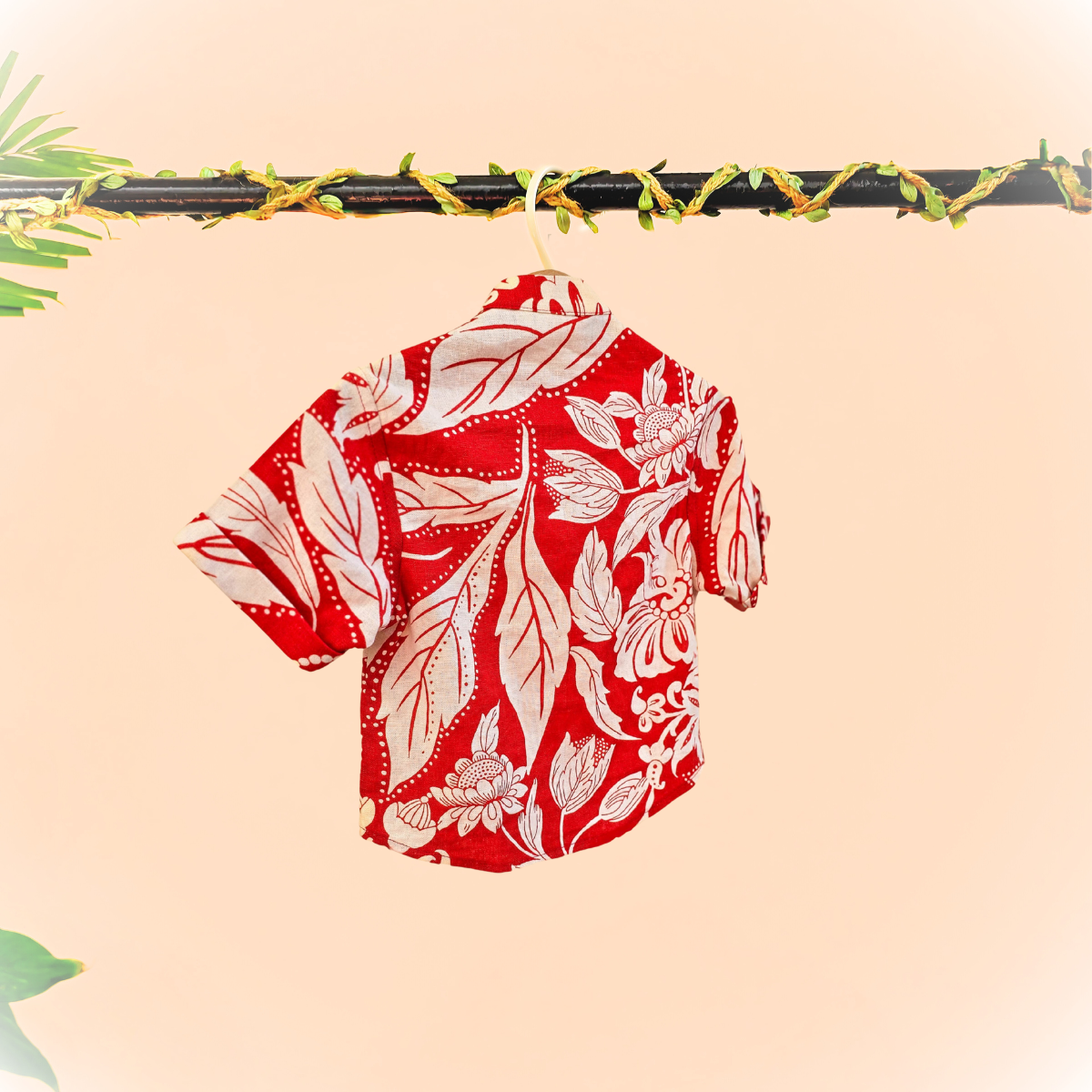 Tropical print red pure linen shirt set