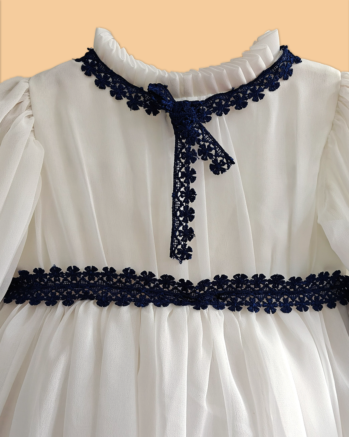 White georgette girls midi dress with puff sleeves & crepe lining