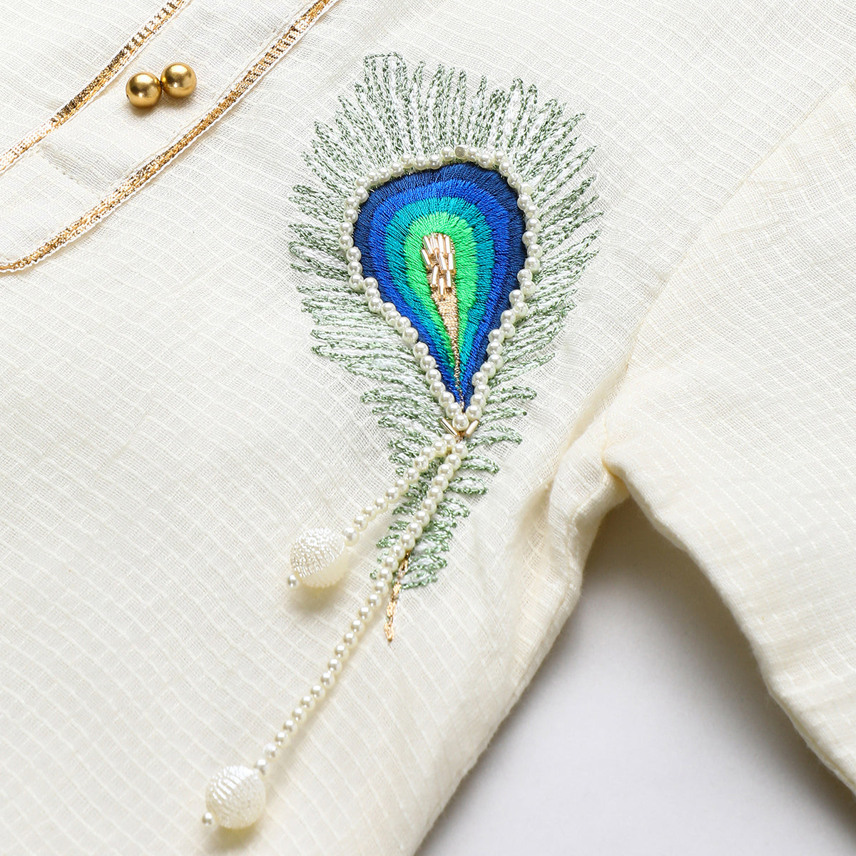 Off white doria cotton Kurta with Mayurpankh pearls embroidery Dhoti set