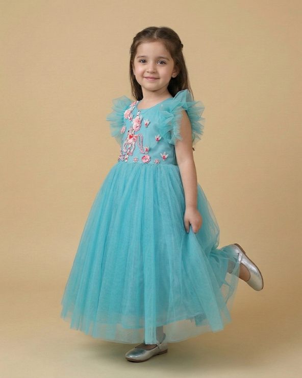 Aqua blue tulle girls party gown with floral embroidery & satin lining