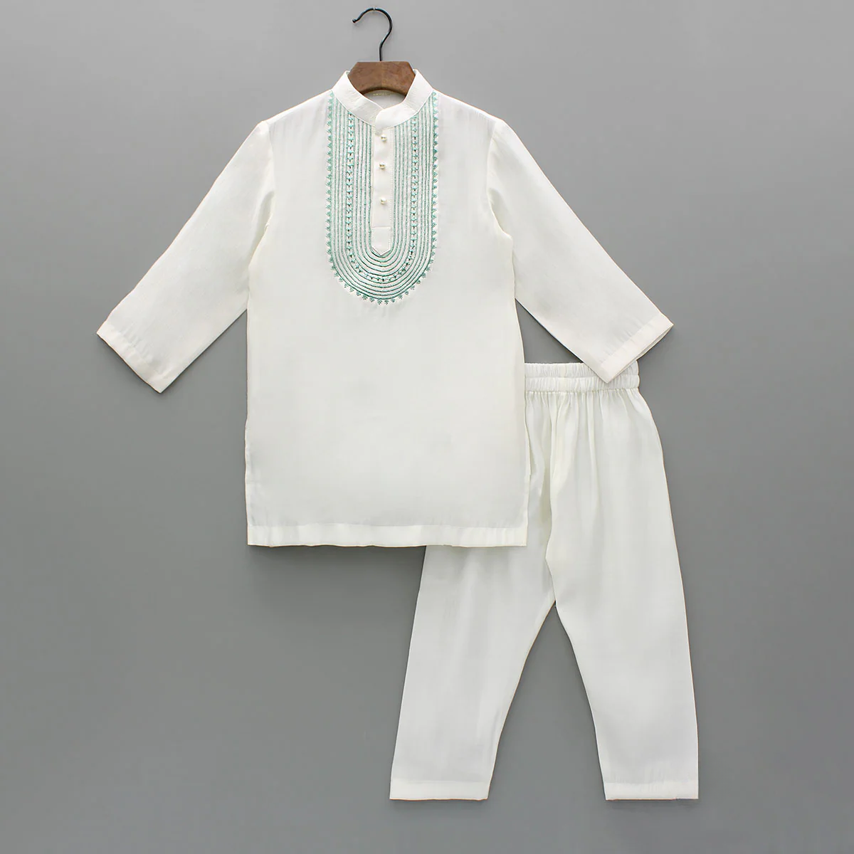 Boys ivory chanderi embroidered kurta pajama set for festive & wedding wear