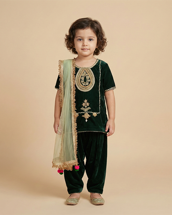 Girl wearing emerald green velvet kurta salwar set with dupatta
