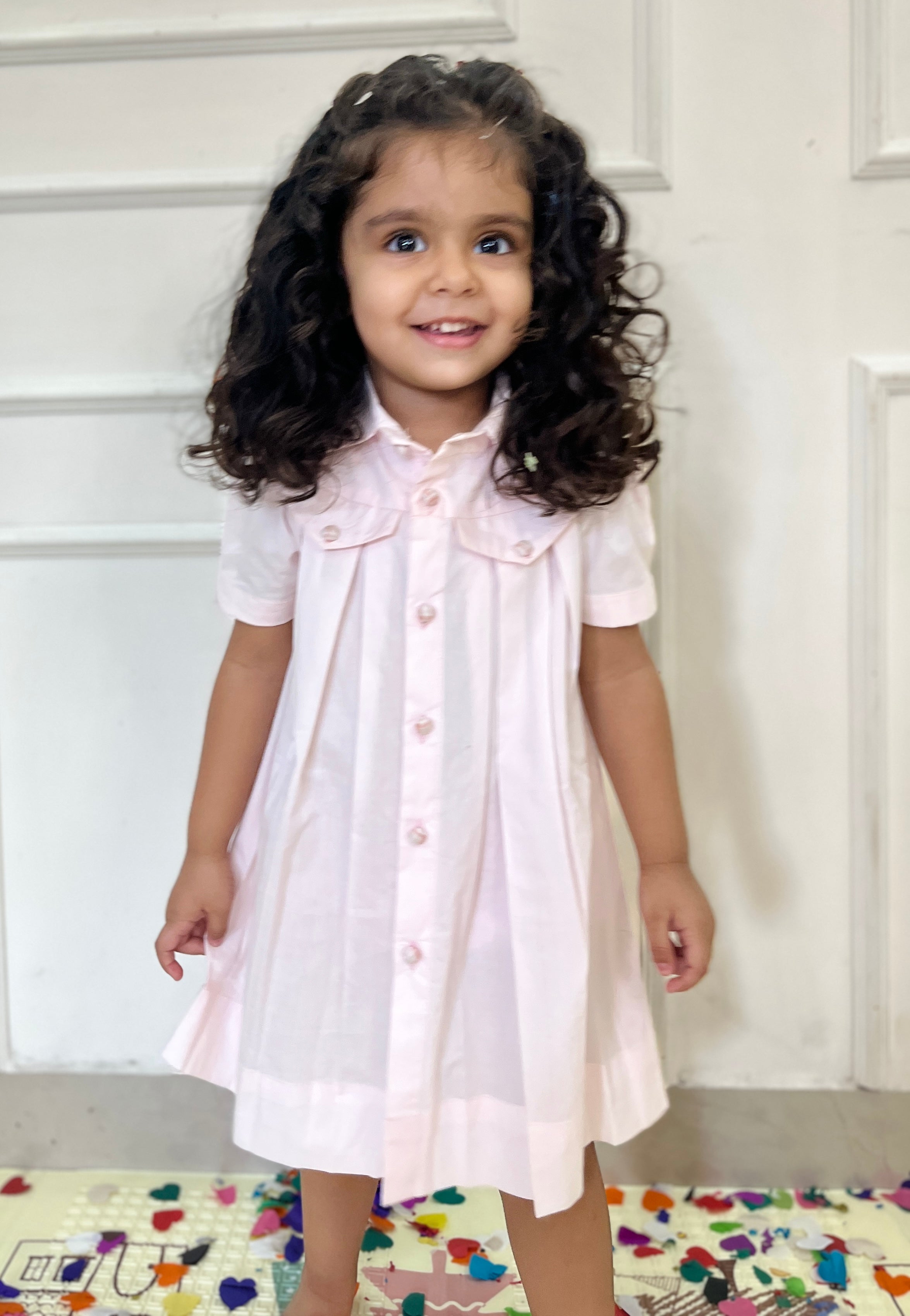 Paper poplin baby pink pleated shirt dress