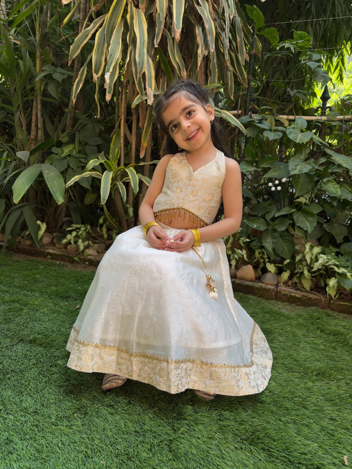 Off white halter brocade embellished top and skirt set