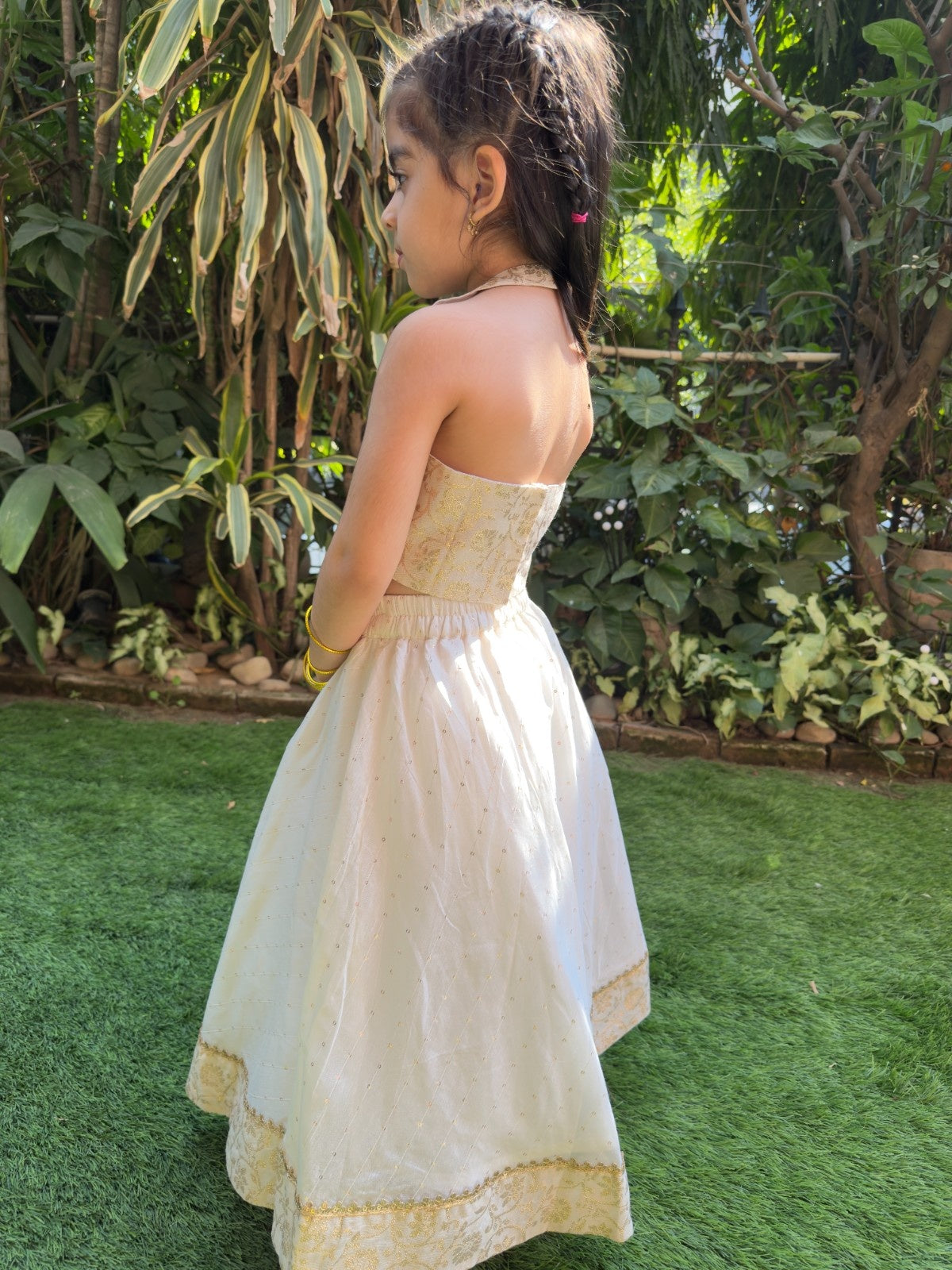 Off white halter brocade embellished top and skirt set