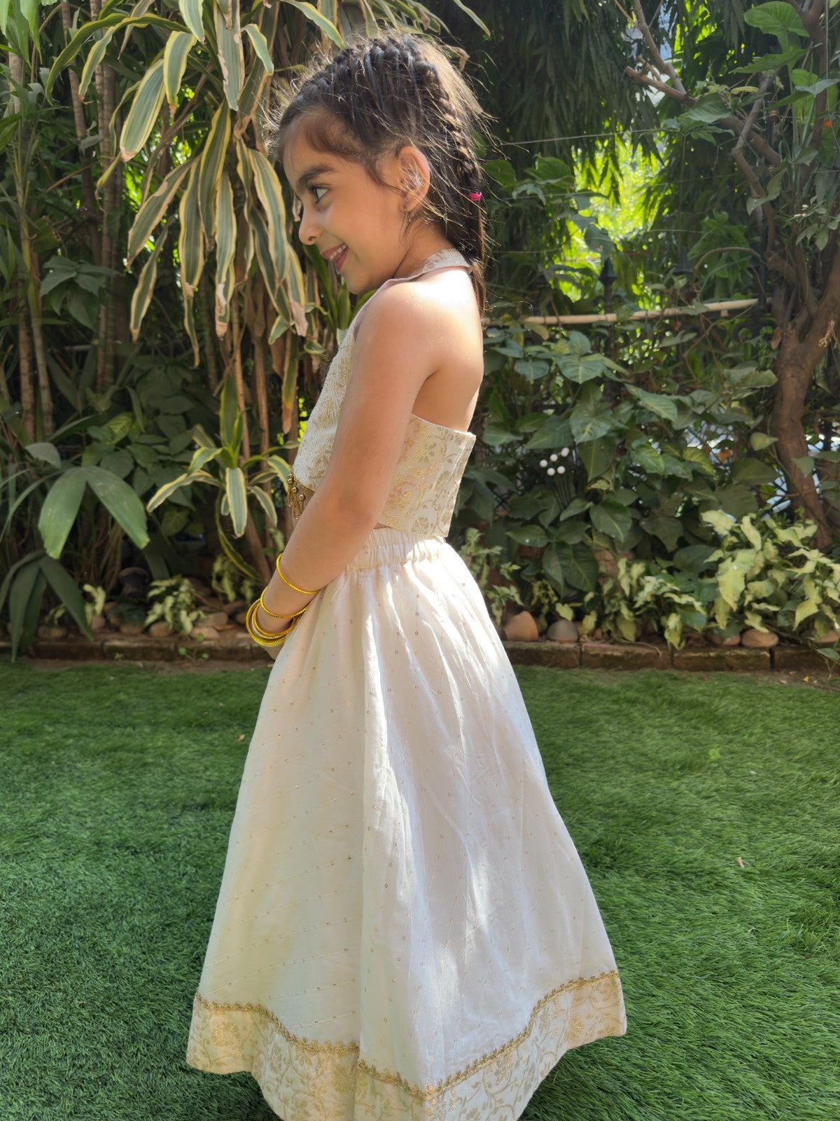Off white halter brocade embellished top and skirt set