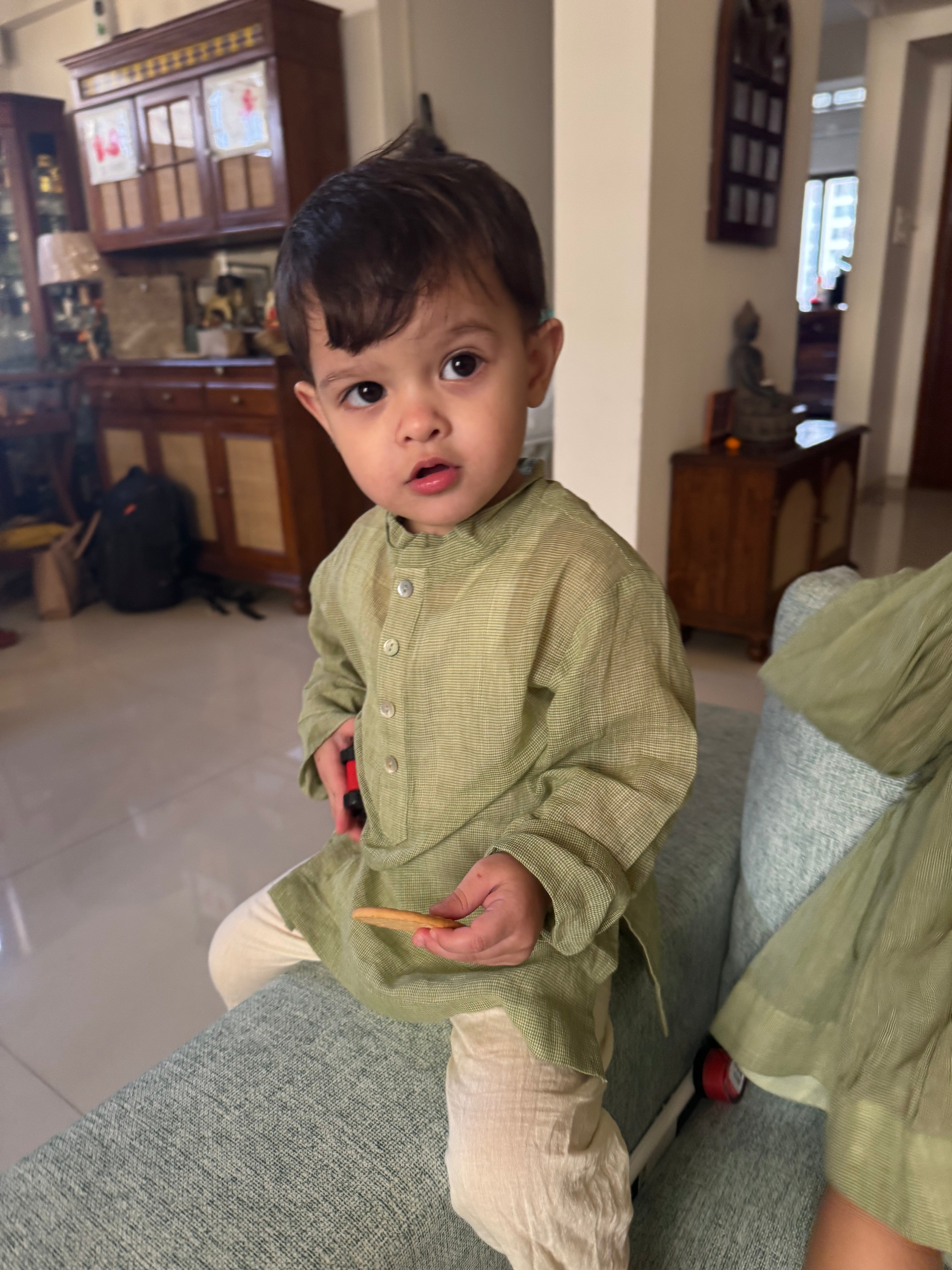 Grass green Baby checks short kurta