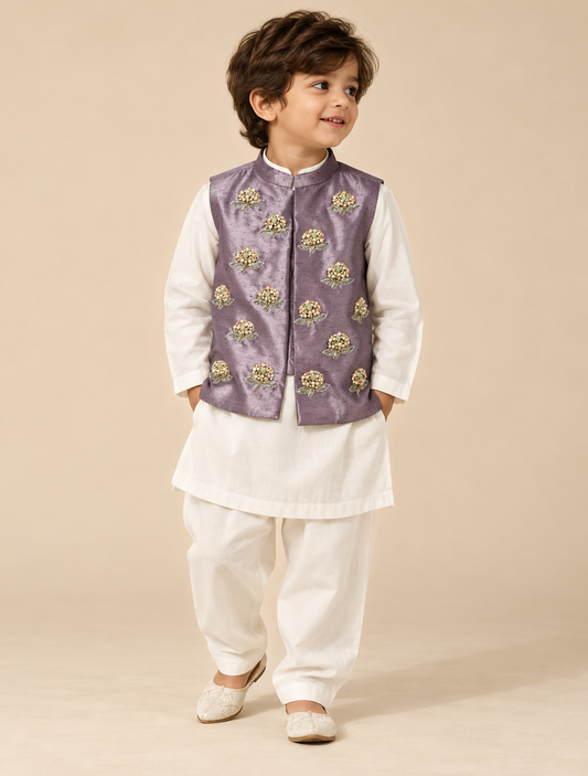 Boys lavender silk jacket with pearl hand embroidery and ivory kurta pajama set