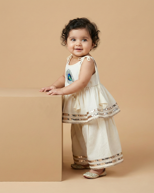 Off white pure cotton mayurpankh embroidered top & plazo set for girls