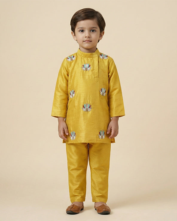 Mustard yellow silk kurta set for boys