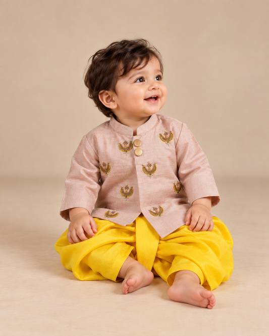 Peach embroidered kurta with yellow dhoti set for boys