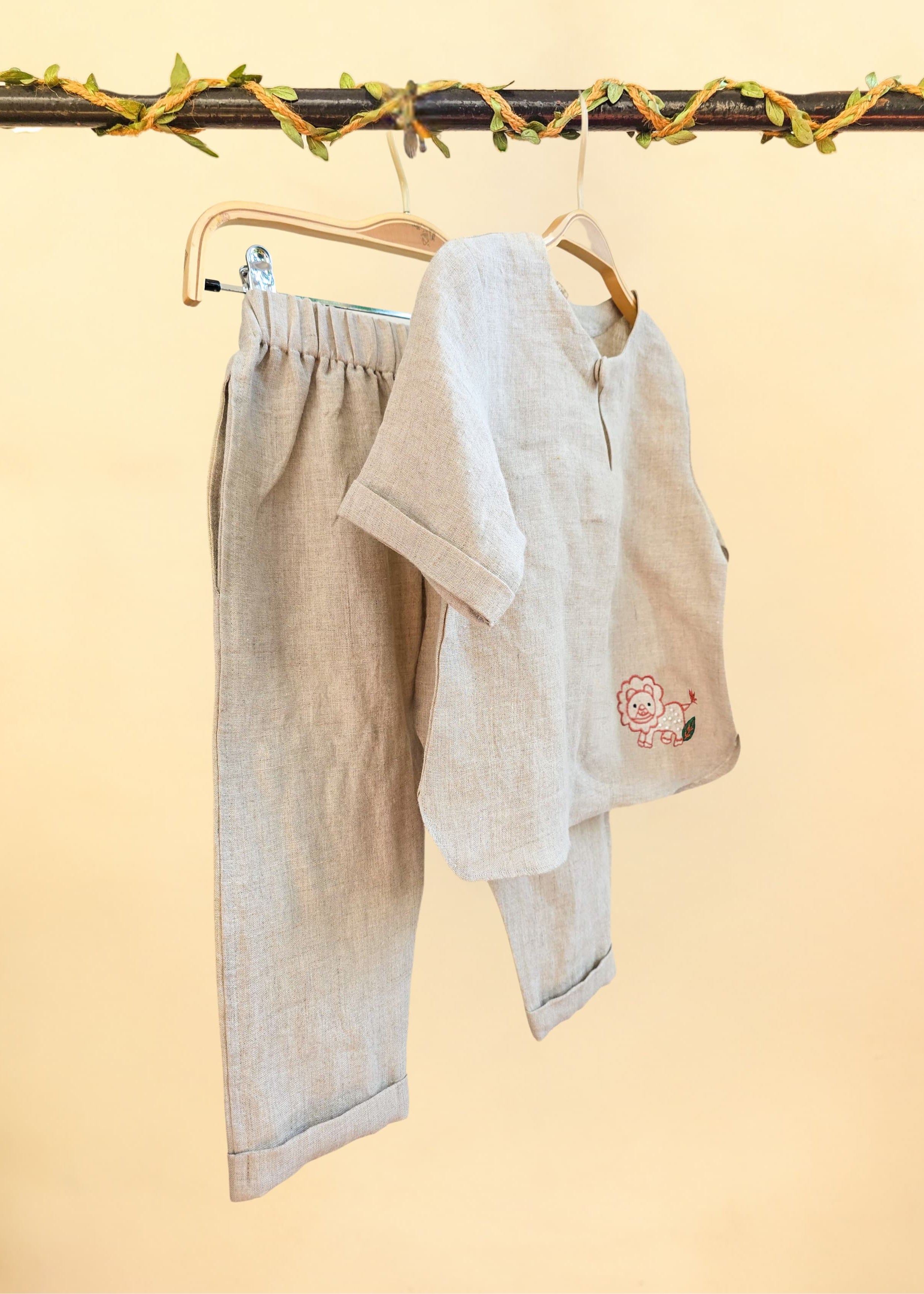 Beige embroidered Pure linen cord set
