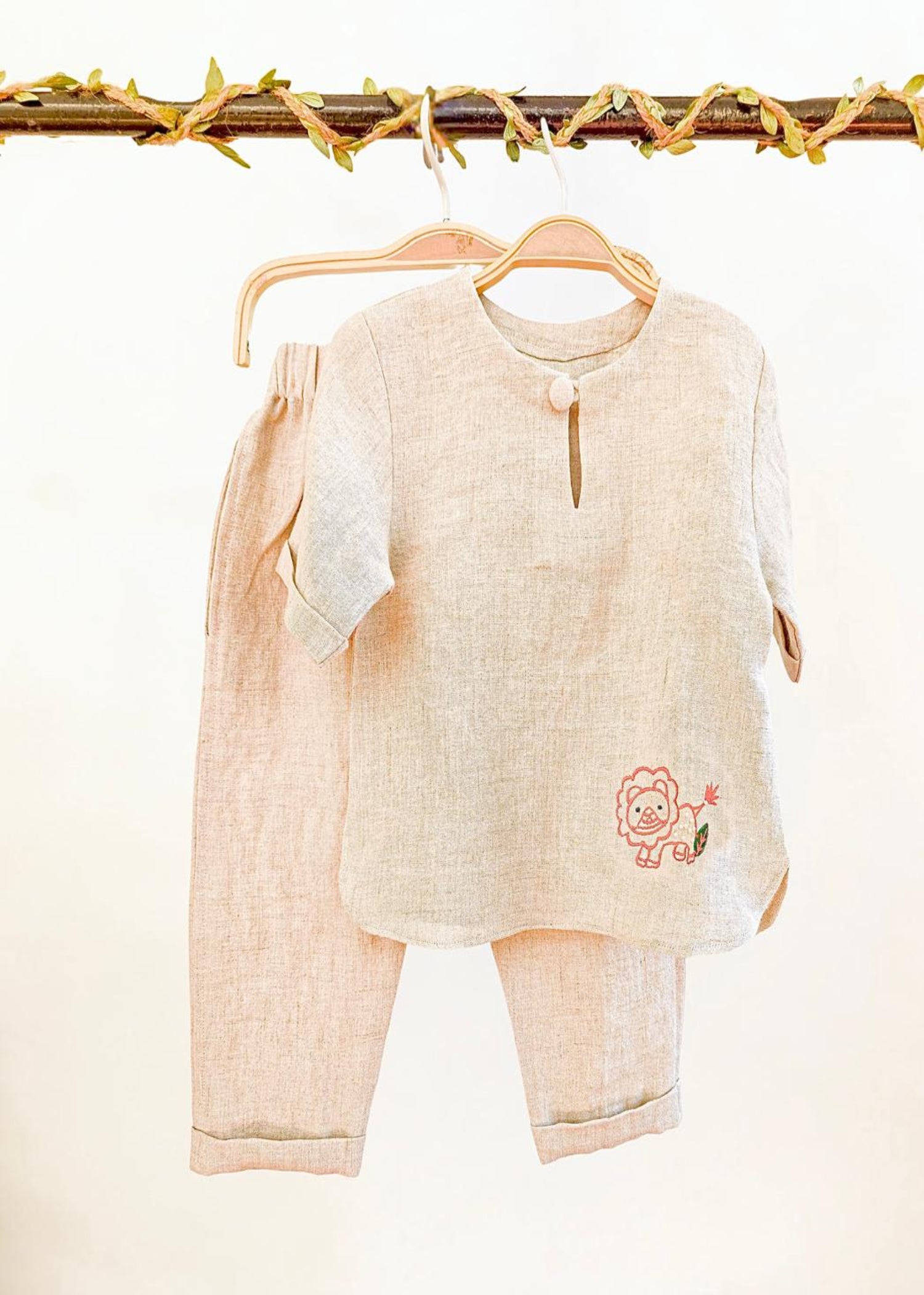 Beige embroidered Pure linen cord set