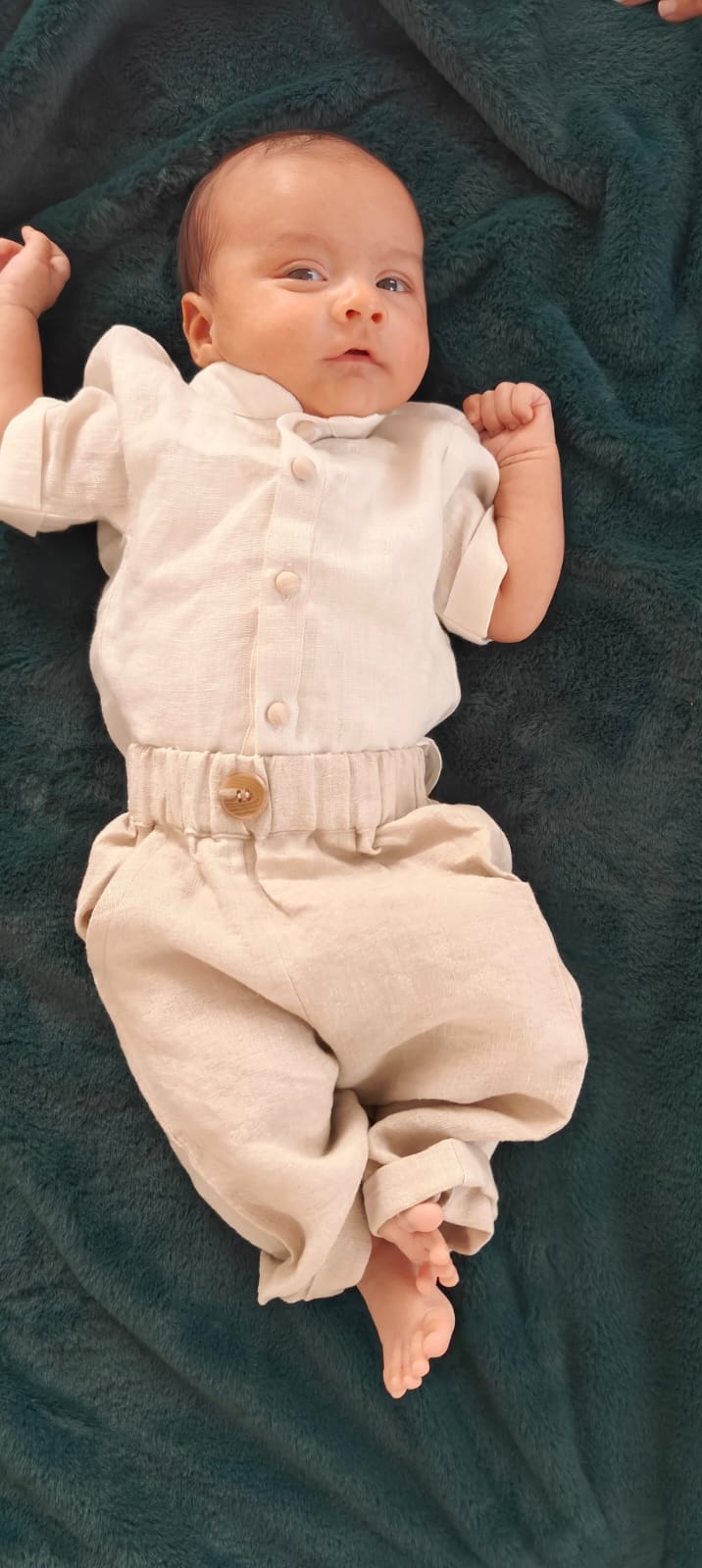 Off white linen shirt and beige pant set