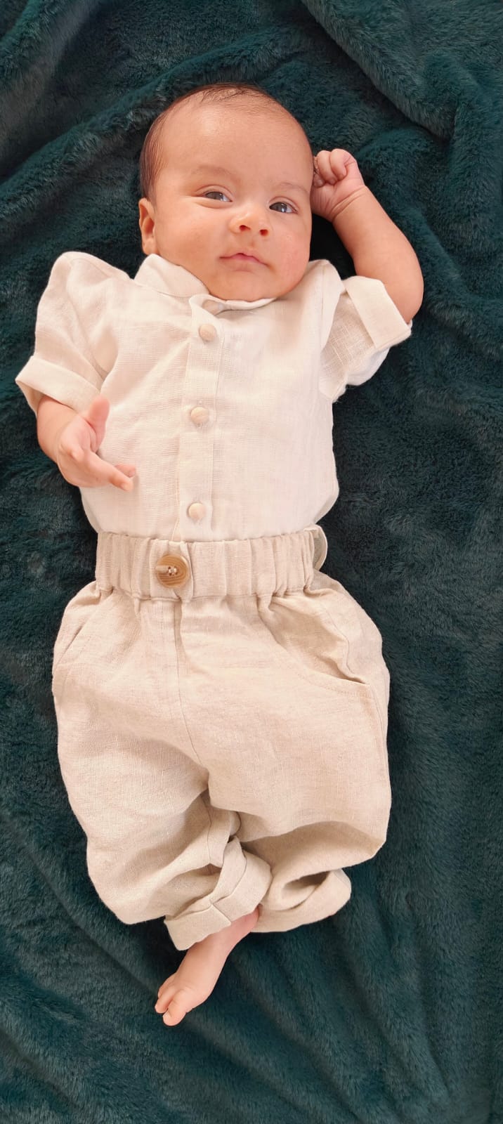 Off white linen shirt and beige pant set