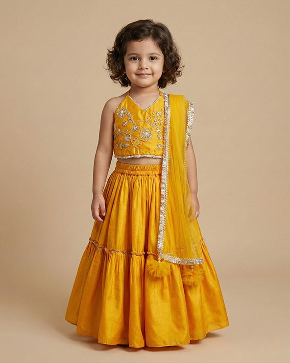 Mustard dola silk hand embroidered lehenga set for girl