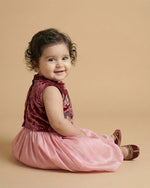 Load image into Gallery viewer, Wine Velvet Blouse with Pink Organza Skirt Set for Baby Girls
