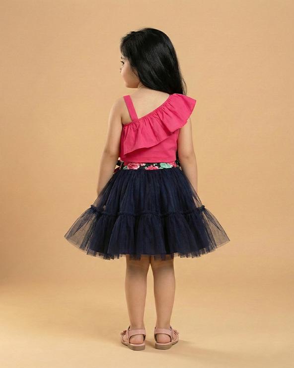 Hot pink one shoulder top with black tulle skirt set for girls
