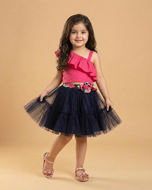 Hot pink one shoulder top with black tulle skirt set for girls