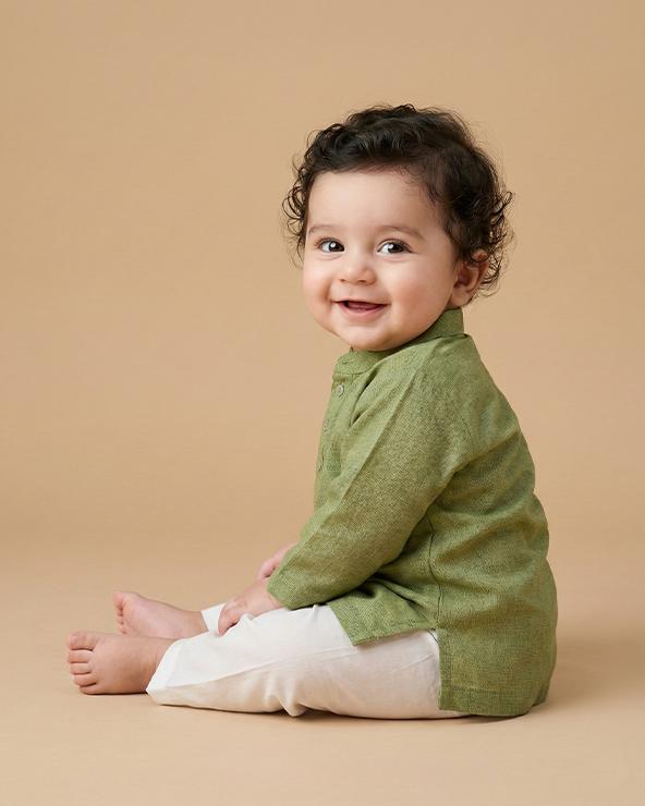 Grass green cotton baby short kurta for boys