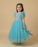 Load image into Gallery viewer, Aqua Blue Tulle Girls Party Gown with Floral Embroidery & Satin Lining - BYB PREMIUM