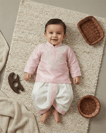 Load image into Gallery viewer, Baby Pink Raw Silk Kurta Dhoti Set for Boys with Pearl Embroidery - BYB PREMIUM
