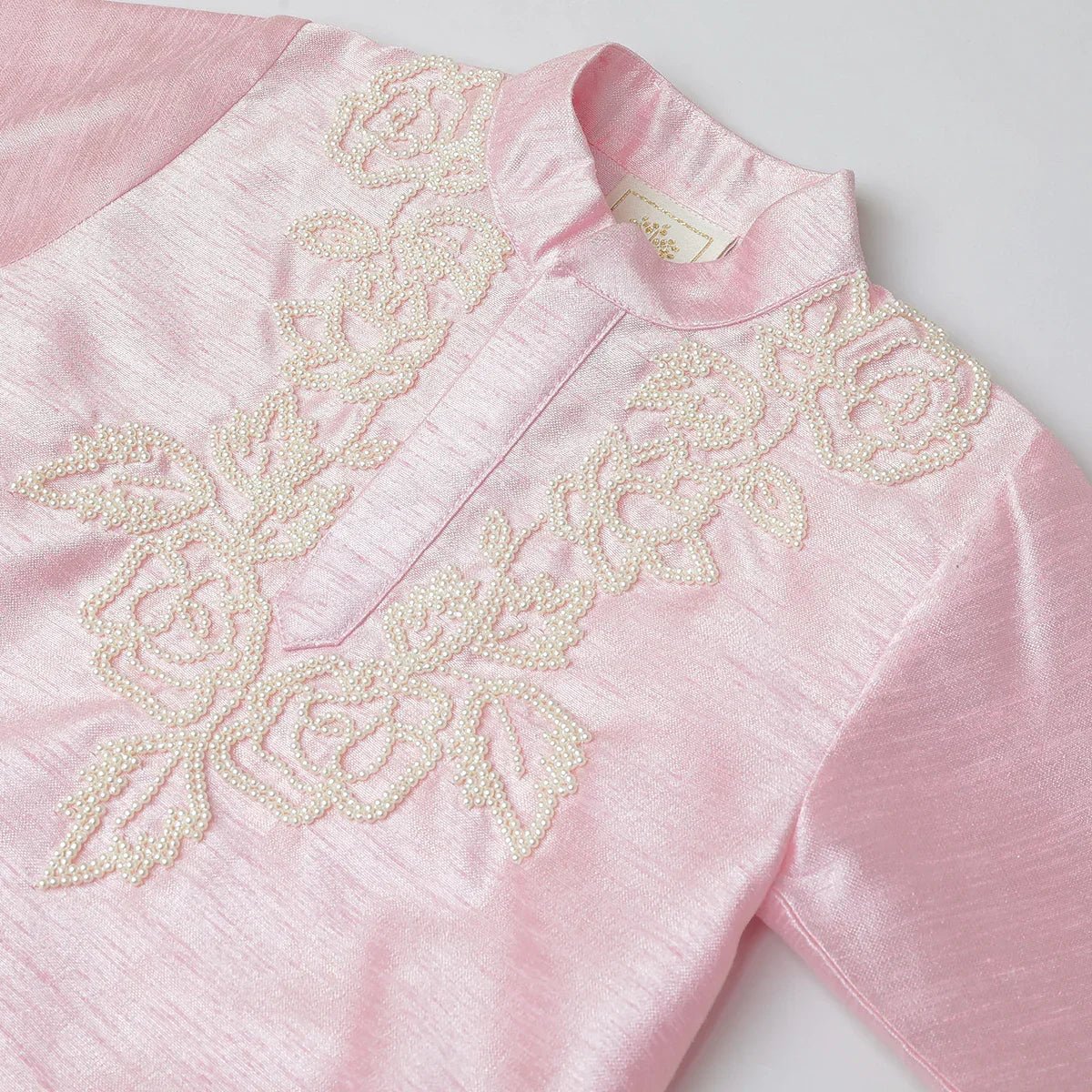 Baby pink raw silk kurta dhoti set for boys with pearl embroidery byb premium