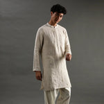 Load image into Gallery viewer, Beige Linen Embroidered Kurta Set with Cotton Pyjama - BYB PREMIUM