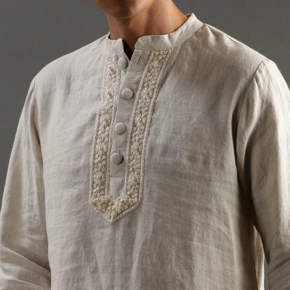 Beige linen short kurta pyjama set with embroidered placket byb premium