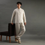 Load image into Gallery viewer, Beige Linen Short Kurta Pyjama Set with Embroidered Placket - BYB PREMIUM
