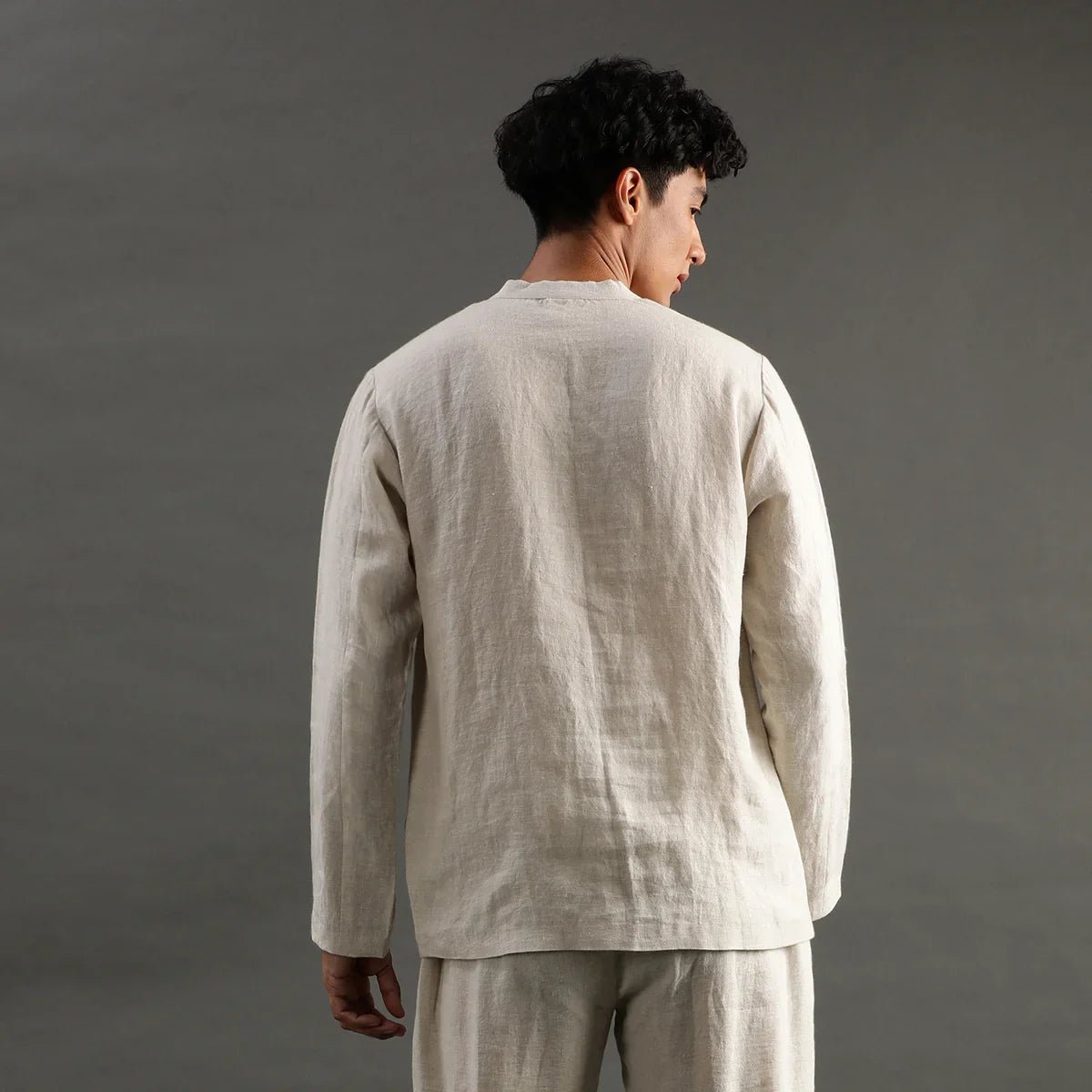 Beige linen short kurta pyjama set with embroidered placket byb premium