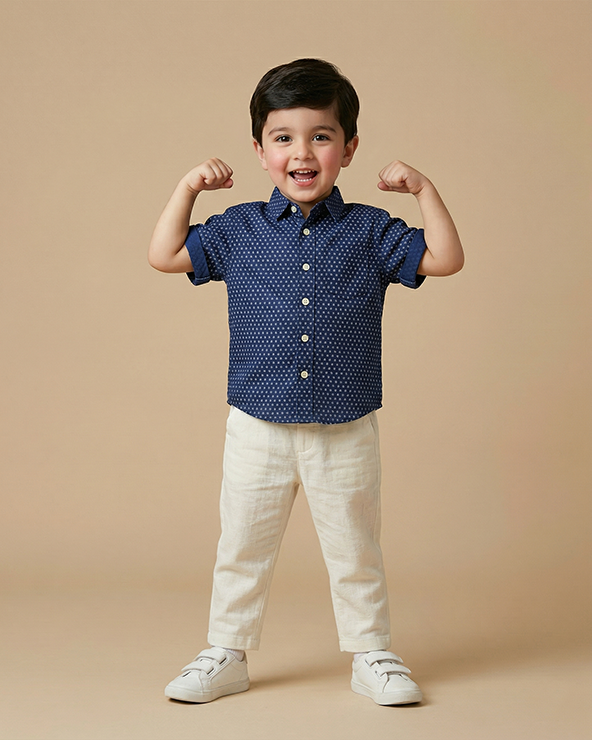 Navy blue pure linen polka dot shirt set for boys