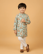Load image into Gallery viewer, Boys Mint Green Cotton Kurta Pajama Set with Floral Print | Premium Cotton Ethnic Wear - BYB PREMIUM