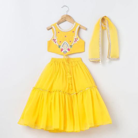 Bright Yellow chiffon hand Embroidered Lehenga Set for Girls - BYB PREMIUM