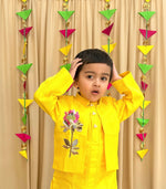 Load image into Gallery viewer, Bright Yellow Kurta Pyjama Set with Embroidered Jacket - BYB PREMIUM