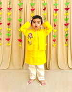 Load image into Gallery viewer, Bright Yellow Kurta Pyjama Set with Embroidered Jacket - BYB PREMIUM