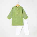 Load image into Gallery viewer, BYB PREMIUM Sage col roman silk full mirror embroidery kurta and pyjama set - BYB PREMIUM