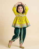Load image into Gallery viewer, Lime Yellow Banarasi Silk Kurti Dhoti Set for Girls