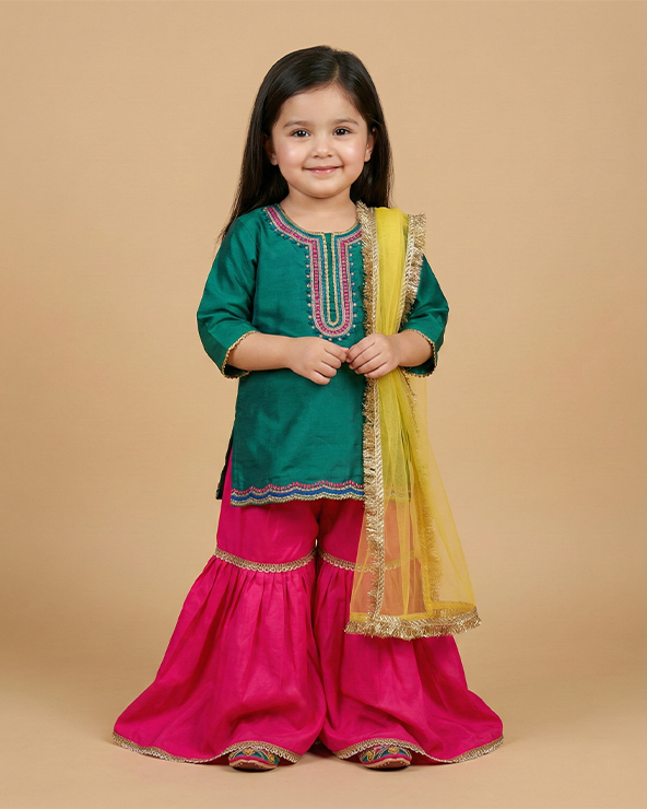 Green & yellow satin silk kurti sharara set for girls