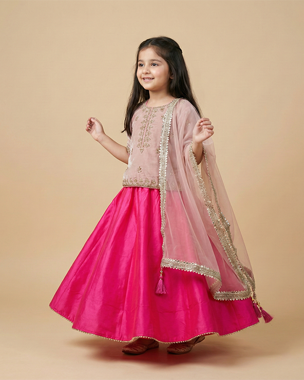 Pink velvet lehenga set for girls with dupatta