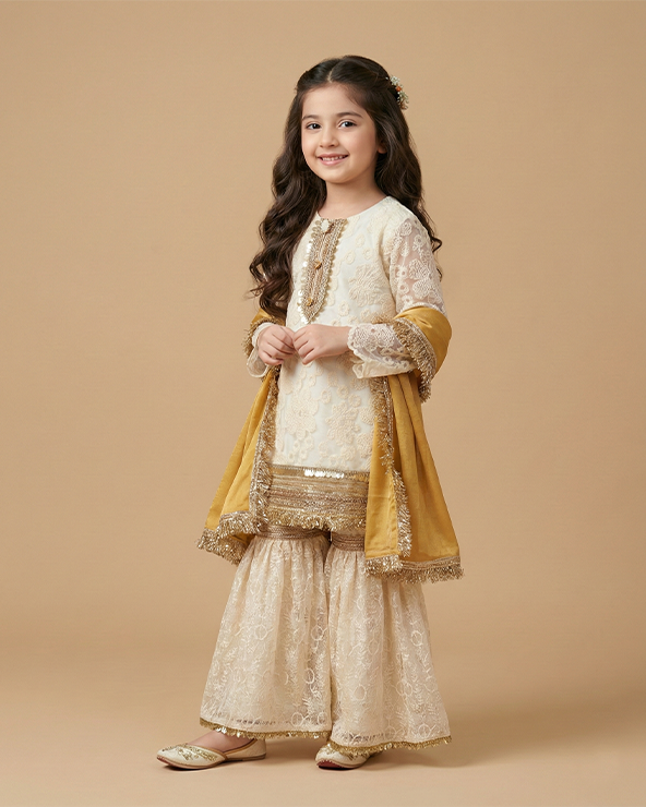 Off white organza kurta sharara set for girls with mustard dupatta