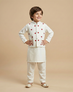Load image into Gallery viewer, White Cotton Kurta Pyjama Set with Red Heart Embroidered Jacket for Boys