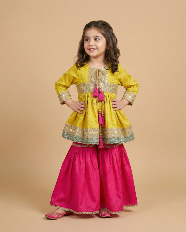 Lime yellow banarasi silk kurti sharara set for girls with cotton lining