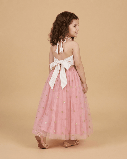 Girls Floral Embroidered Crop Top with Pink Tulle Skirt Set - BYB PREMIUM